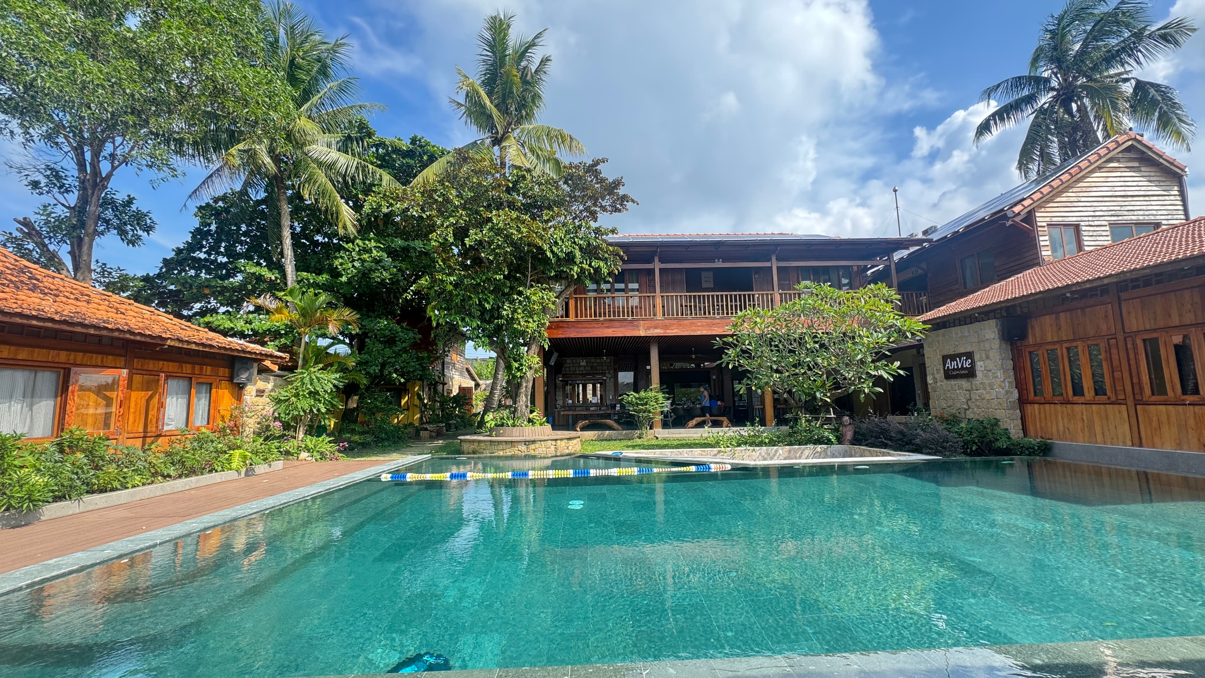 Resort buildings, swimming pool and rooftop solar installation in Phu Quoc, Vietnam